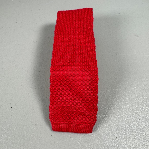 Vintage Lands End Neck Tie Red Cotton Square Knit Skinny Slim Made In USA‎ - Picture 3 of 11